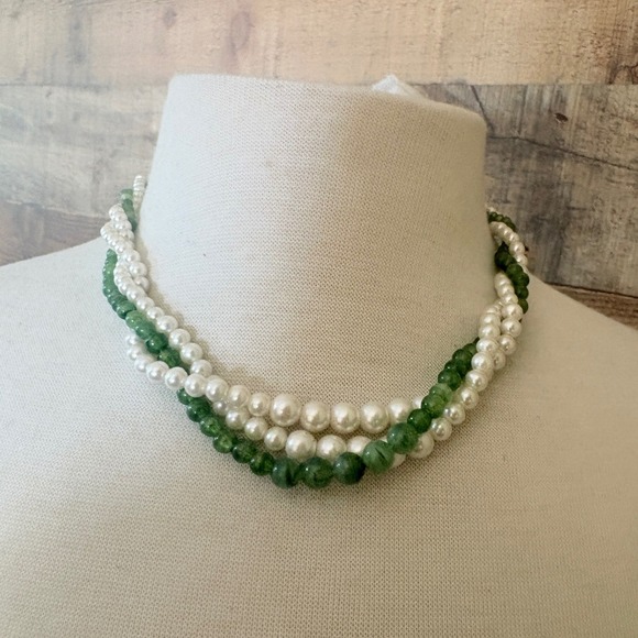Jewelry - Vintage Triple Strand White Faux Pearl and Green Glass Bead Necklace Gold Tone